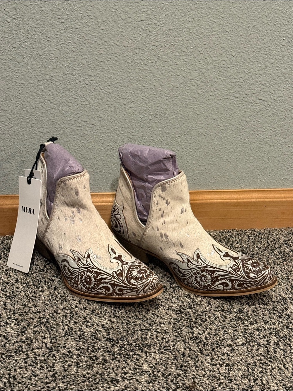 Myra Bag Ivory Western Ankle Boots with Brown Floral Tooled Detail